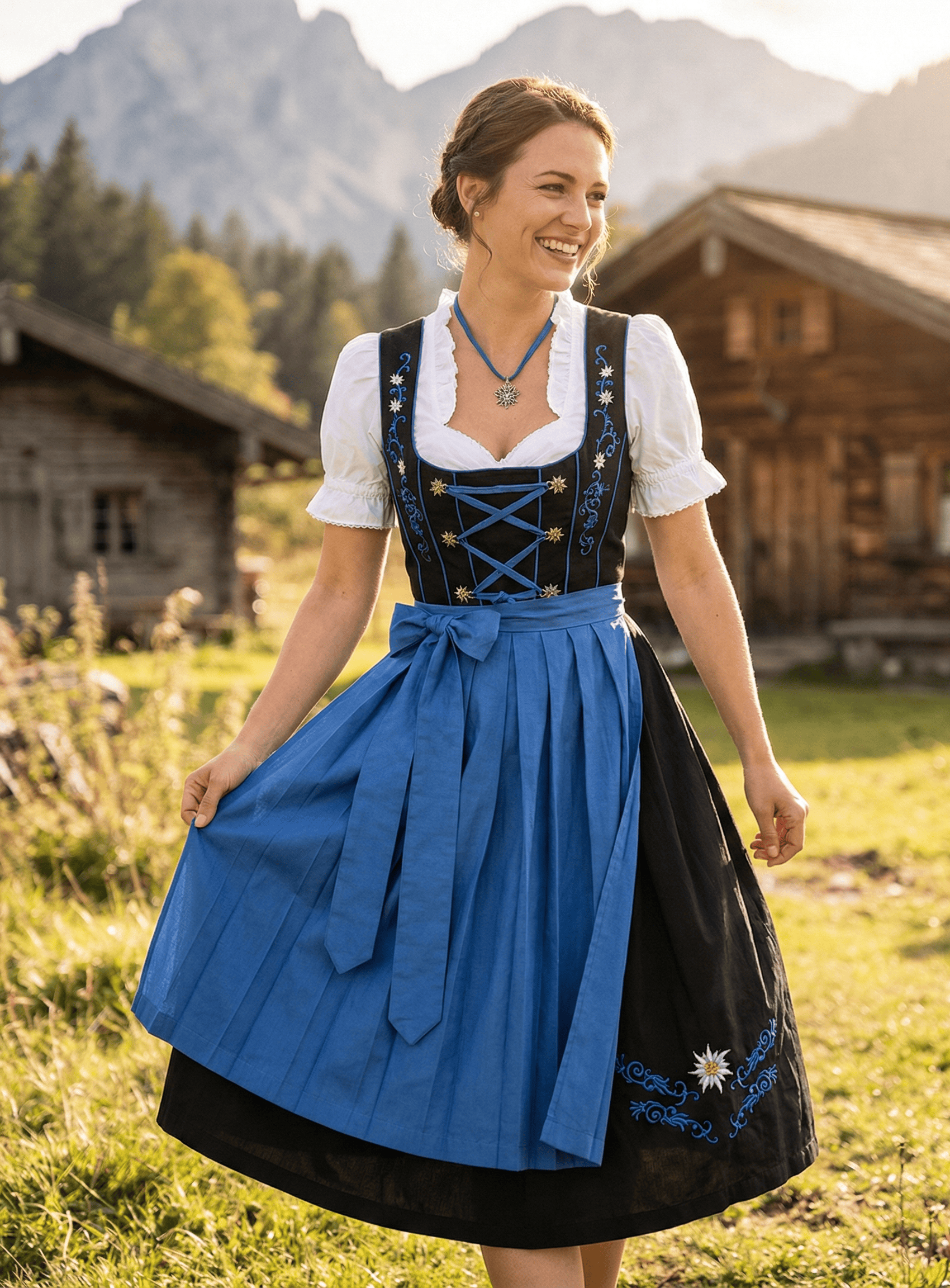Authentic German Long Black Dirndl Dress Set with Blue Apron, White Crop Top Included