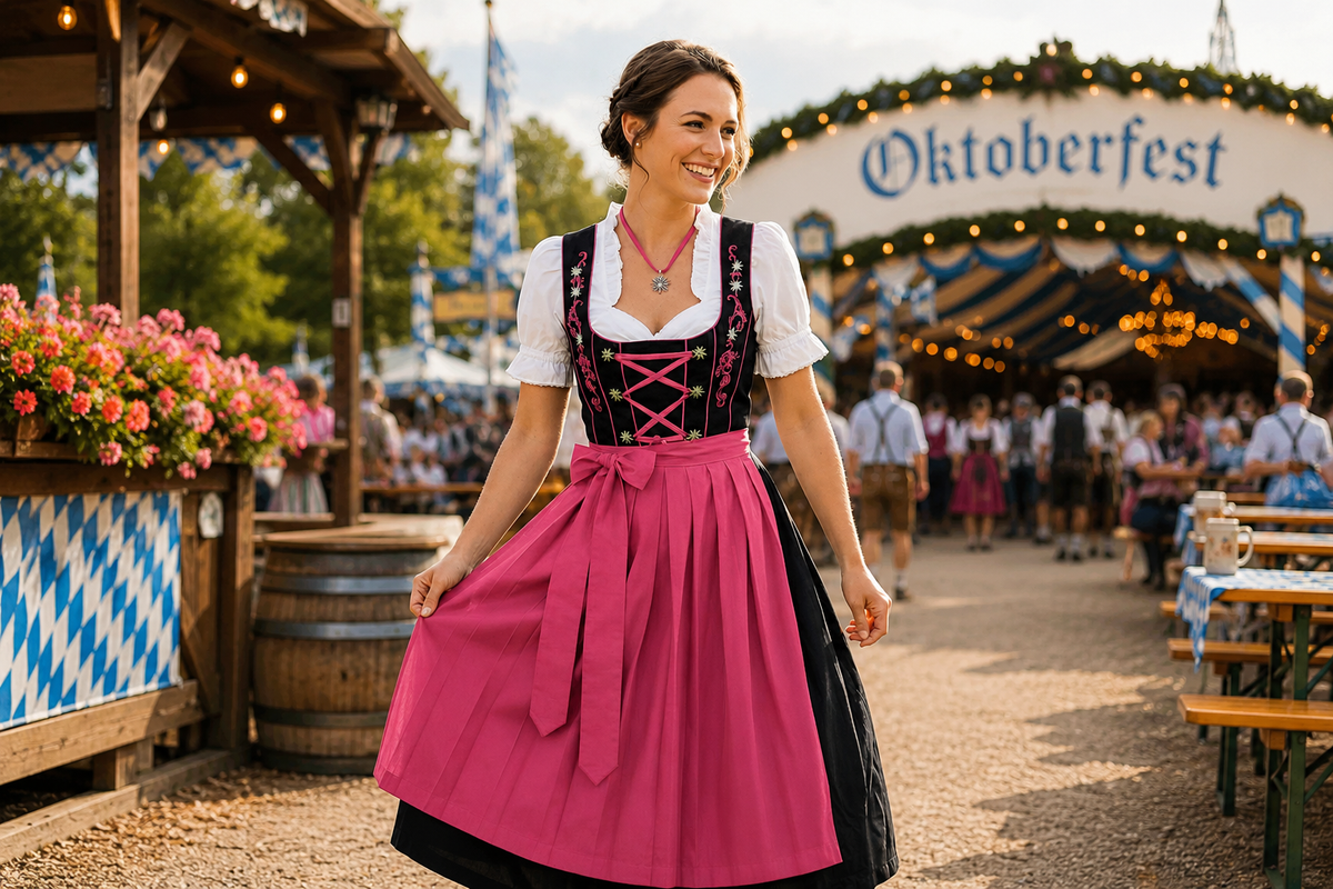 Oktoberfest outfit idea for women wearing a black and pink dirndl dress