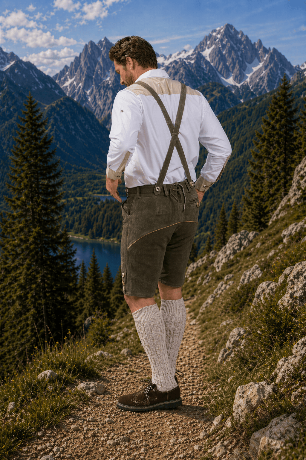 Mens Forest Green Leather Lederhosen Shorts with Embroidered Suspenders Oktoberfest Trachten
