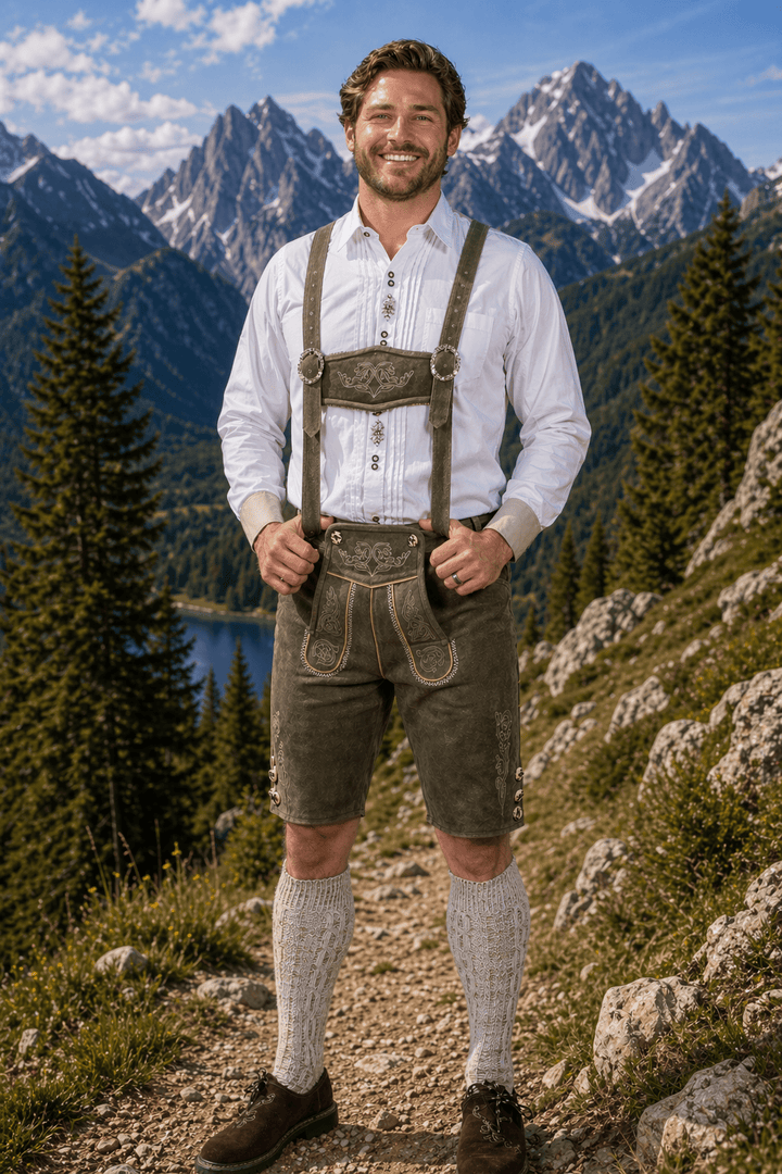 Mens Forest Green Leather Lederhosen Shorts with Embroidered Suspenders Oktoberfest Trachten