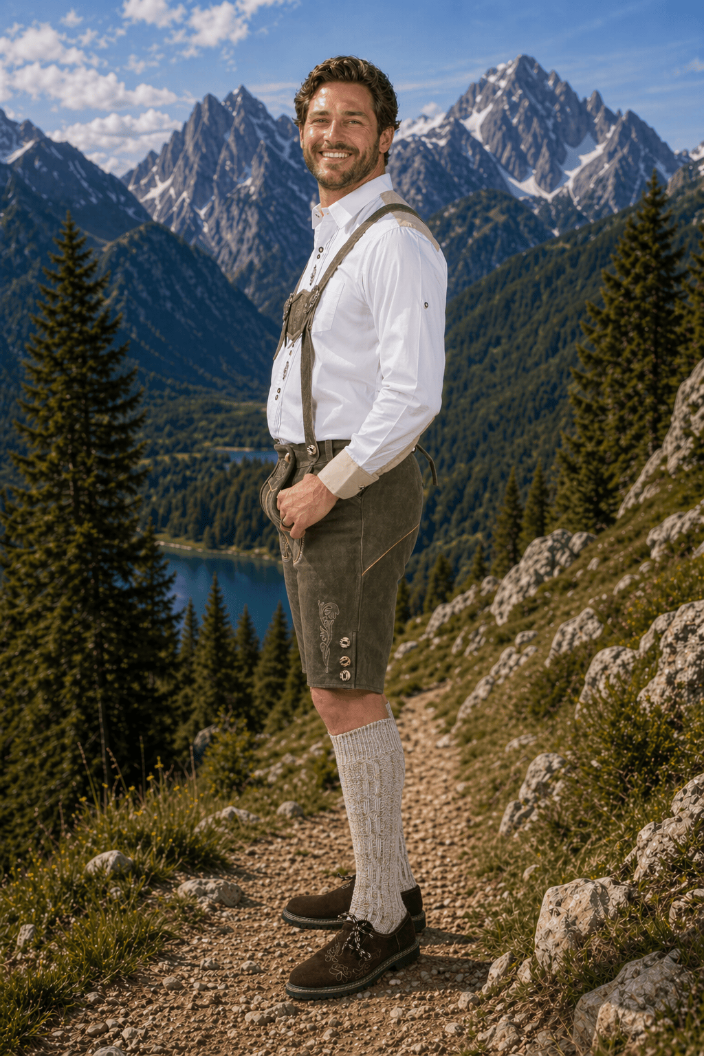 Mens Forest Green Leather Lederhosen Shorts with Embroidered Suspenders Oktoberfest Trachten