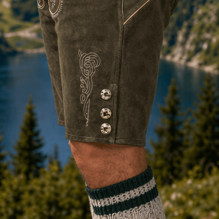Mens Forest Green Leather Lederhosen Shorts with Embroidered Suspenders Oktoberfest Trachten