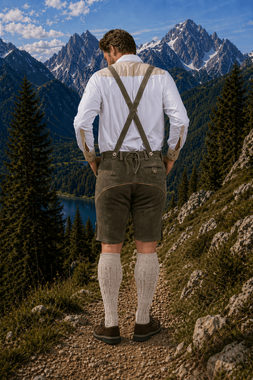 Mens Forest Green Leather Lederhosen Shorts with Embroidered Suspenders Oktoberfest Trachten