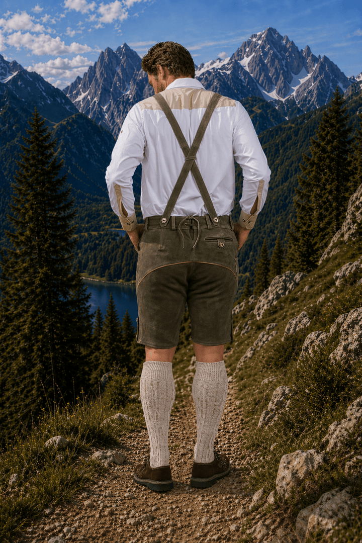 Mens Forest Green Leather Lederhosen Shorts with Embroidered Suspenders Oktoberfest Trachten
