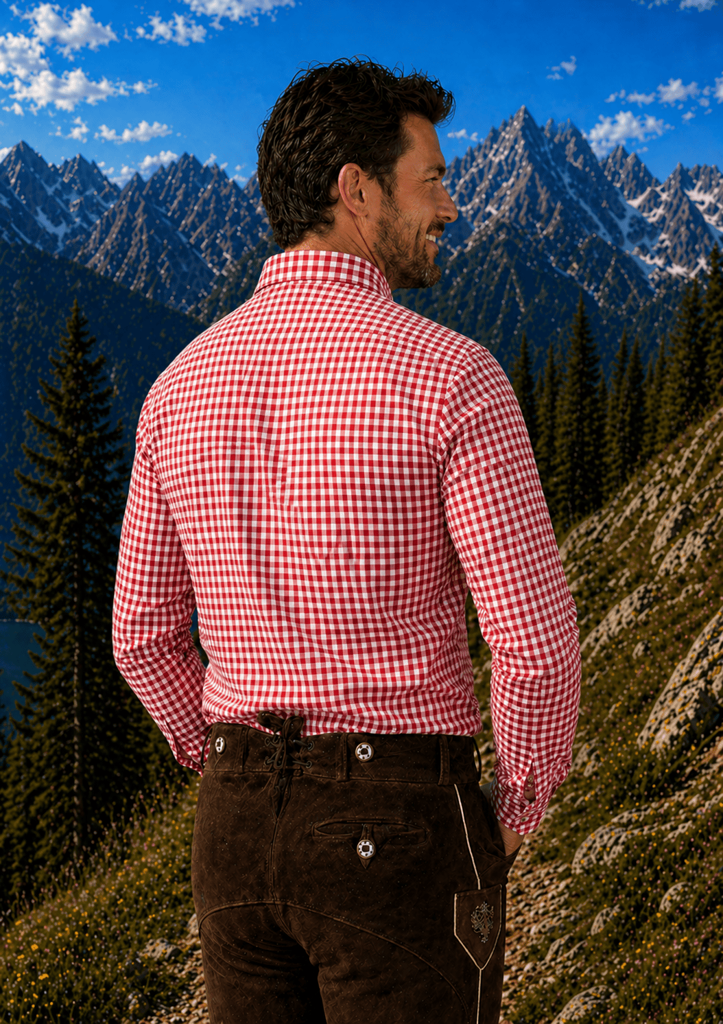 Mens Red Plaid Trachten Shirt Button-Down Lederhosen Shirt