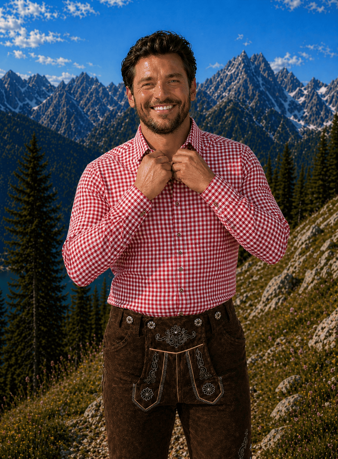 Mens Red Plaid Trachten Shirt Button-Down Lederhosen Shirt