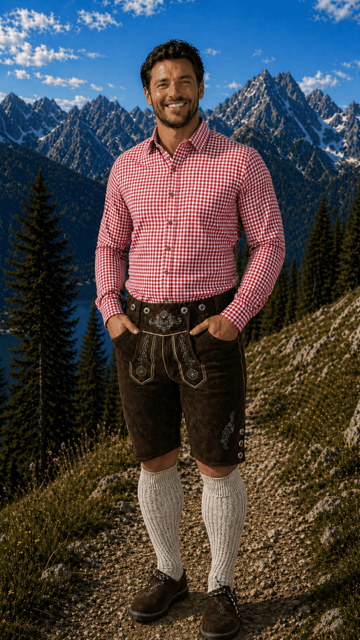Mens Red Plaid Trachten Shirt Button-Down Lederhosen Shirt