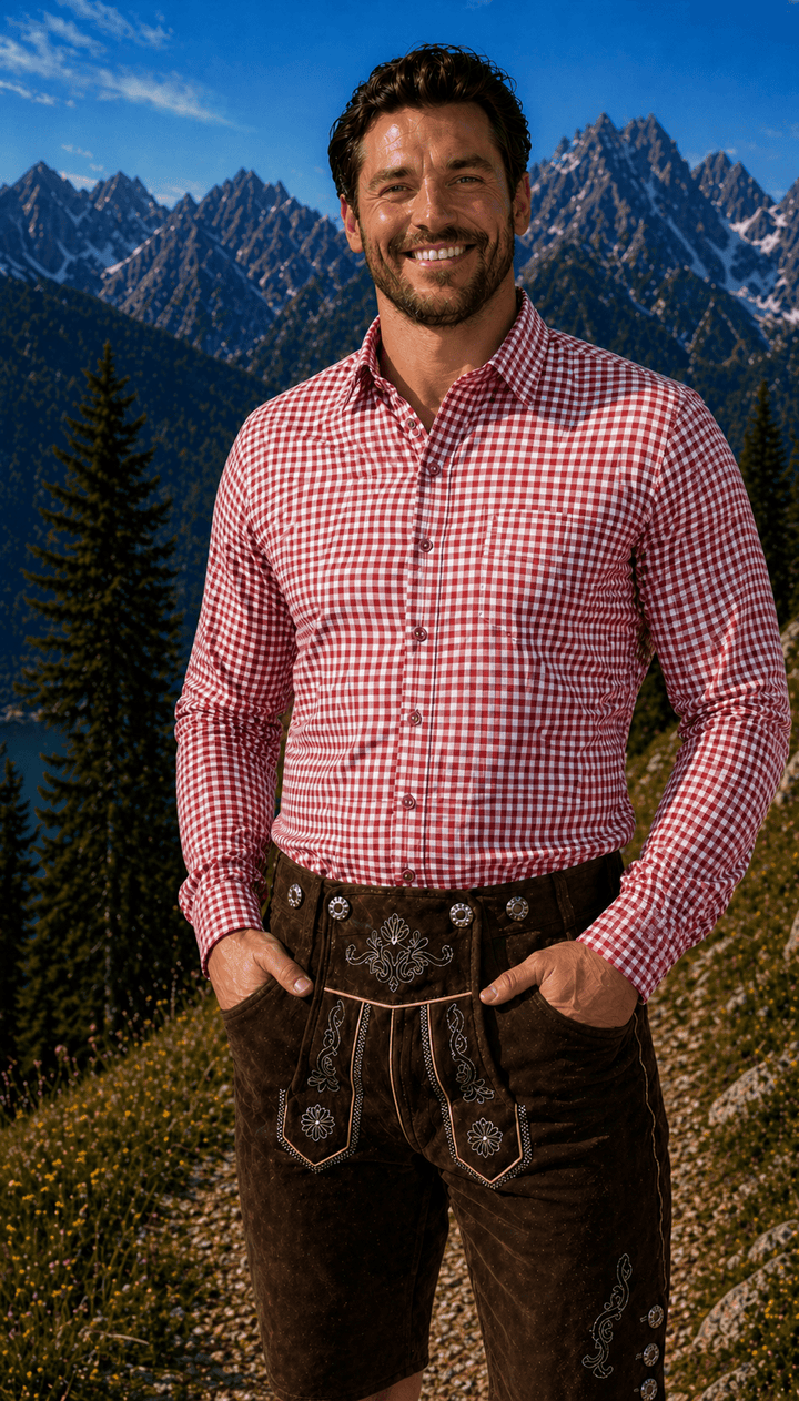 Mens Red Plaid Trachten Shirt Button-Down Lederhosen Shirt