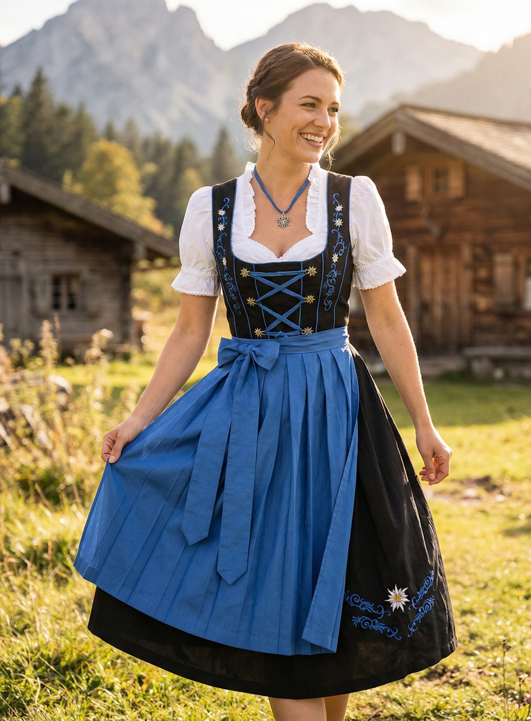 Women’s Long Black & Blue Dirndl Set – dress, apron, white blouse – Edelweiss Creek