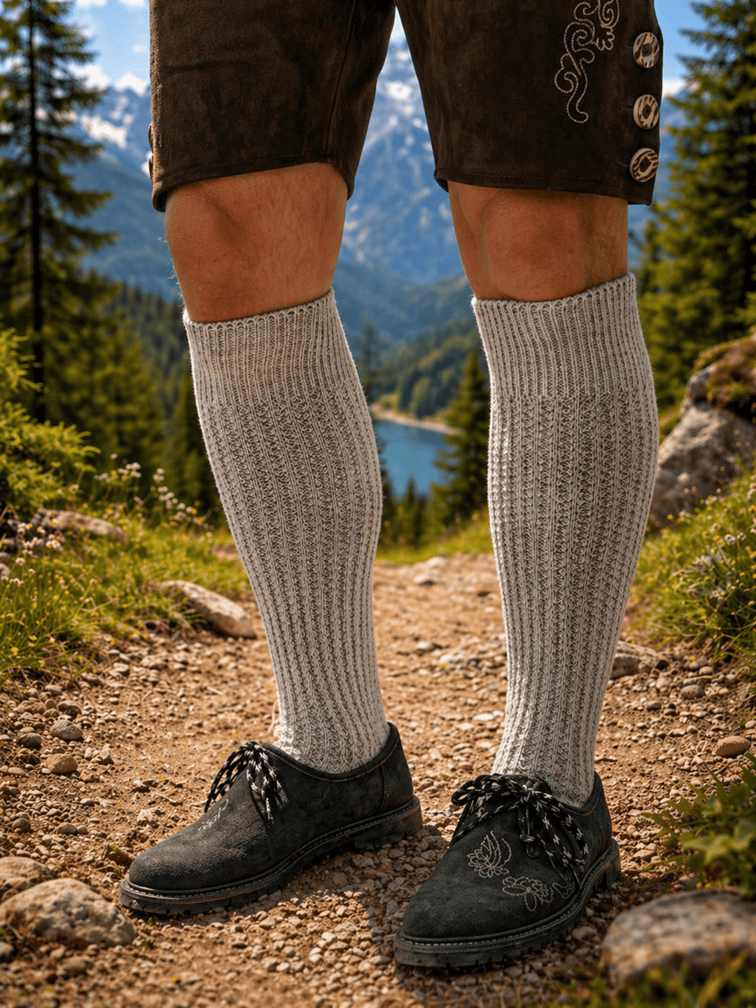 Mens Beige Knee-High Braided Lederhosen Socks (1 Pair) Traditional Trachten Socks