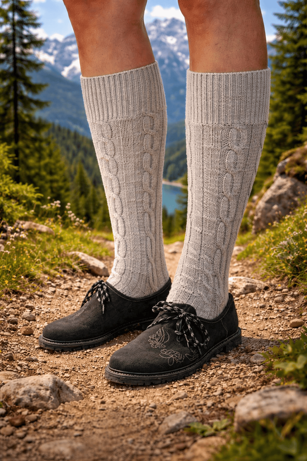 Mens Knee-High Lederhosen Socks (1-Piece)  Solid Beige Cotton Trachten Socks