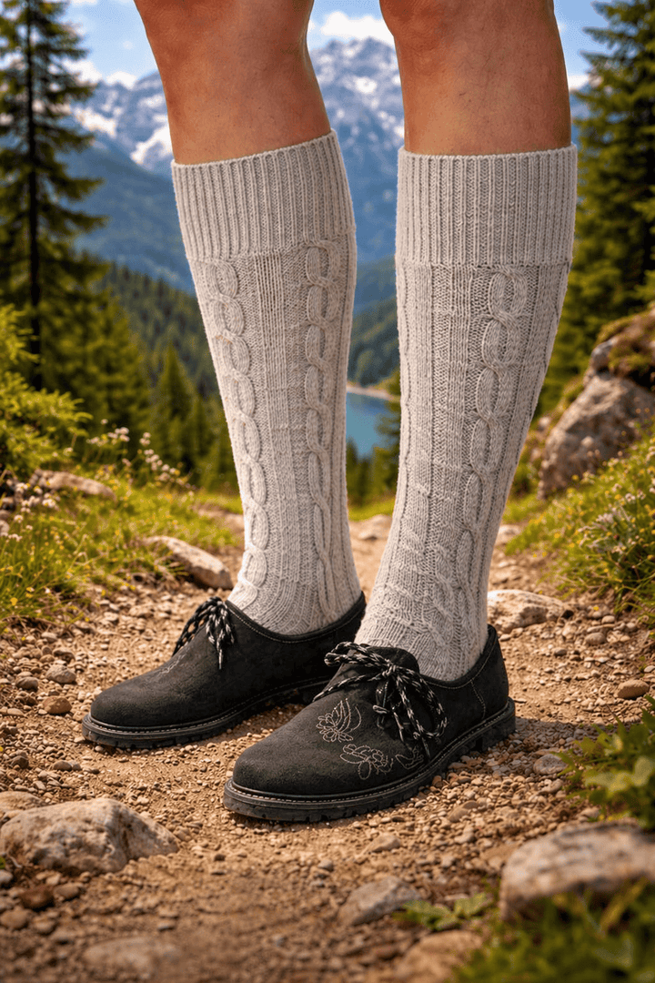 Mens Knee-High Lederhosen Socks (1-Piece)  Solid Beige Cotton Trachten Socks
