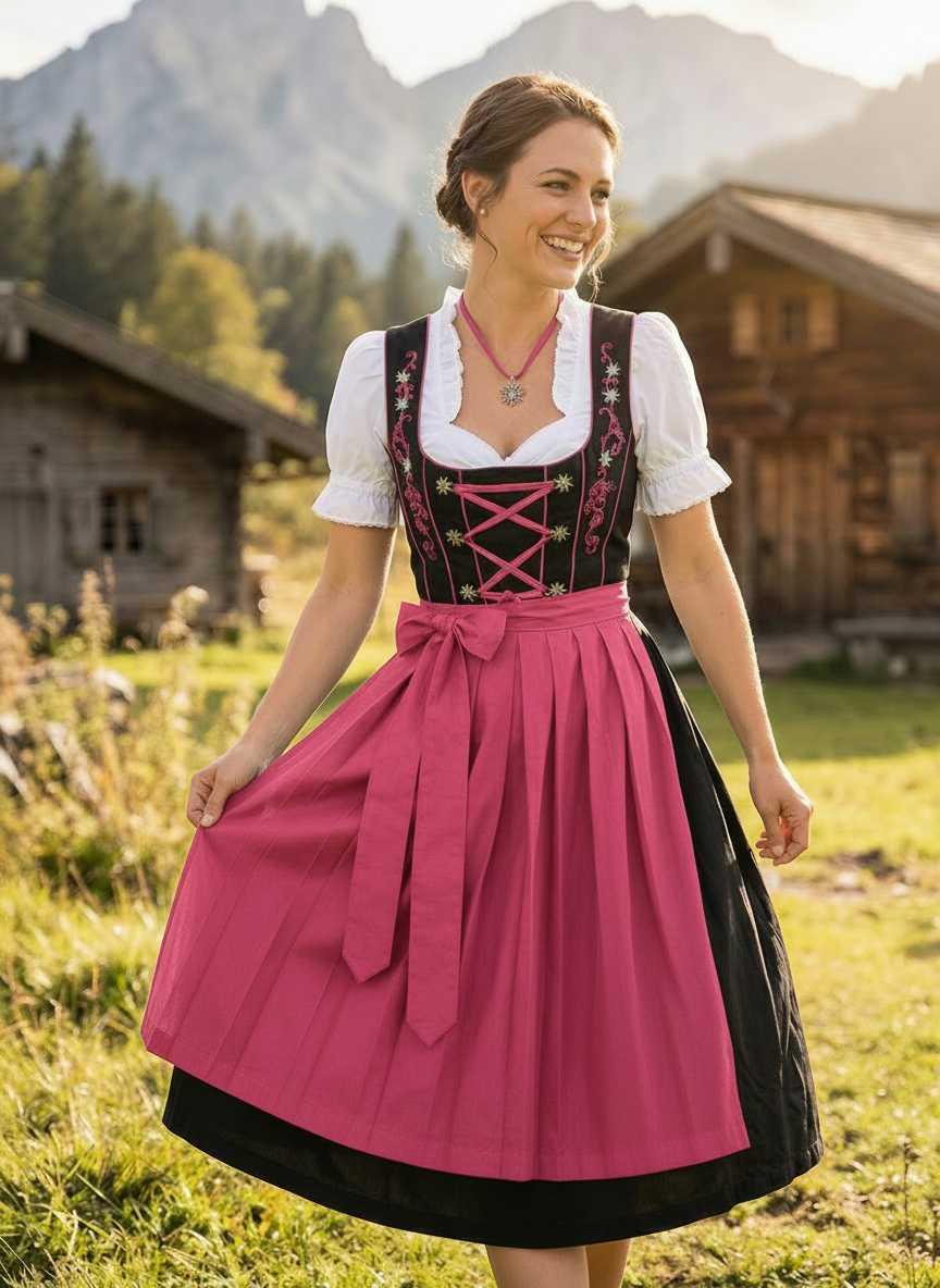 Women’s Long Black & Pink Dirndl Set – dress, apron, white blouse – Edelweiss Creek