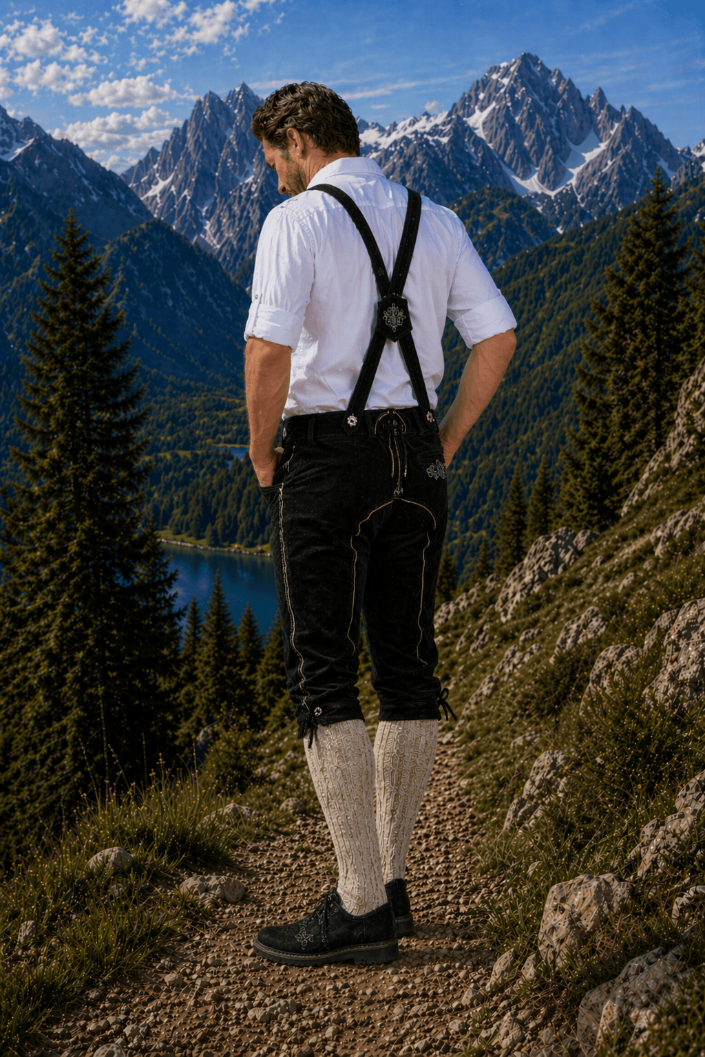 Men’s Black Leather Bundhosen (Lederhosen Pants) with Embroidered Suspenders – Premium Trachten for Weddings (30–54)
