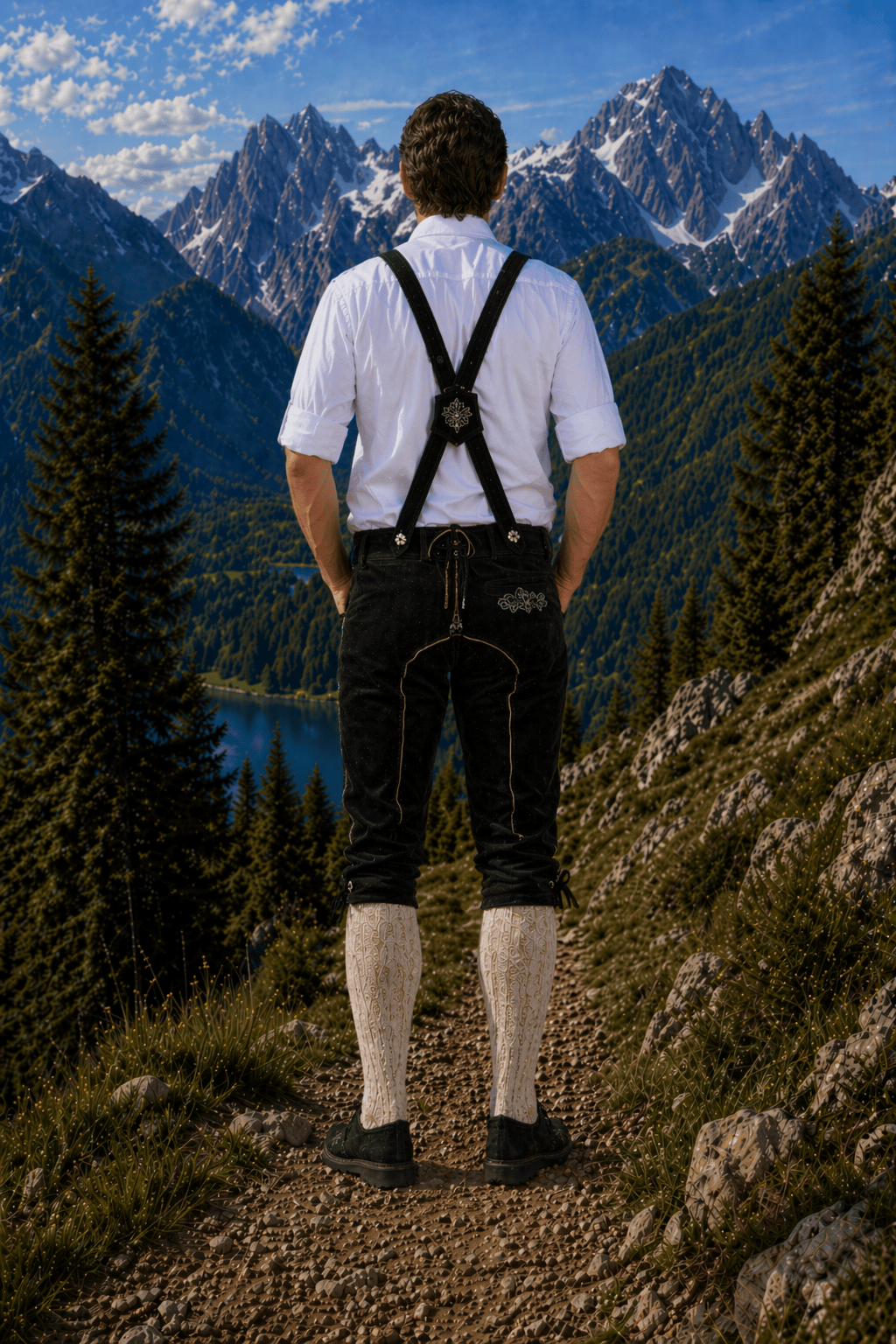 Men’s Black Leather Bundhosen (Lederhosen Pants) with Embroidered Suspenders – Premium Trachten for Weddings (30–54)