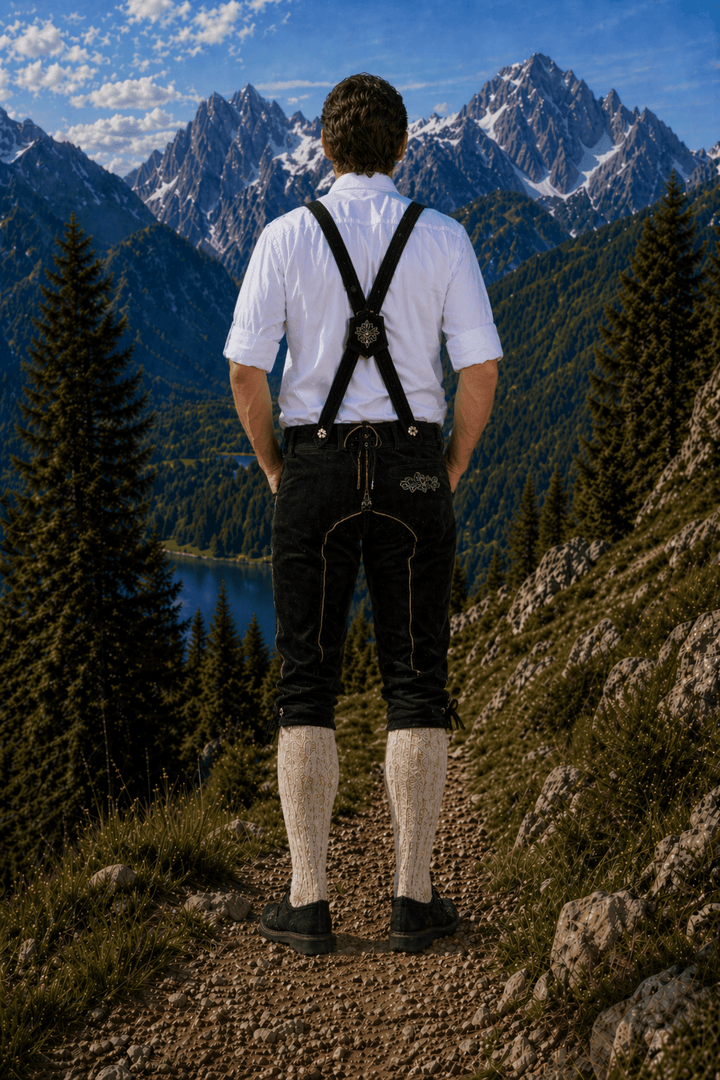 Men’s Black Leather Bundhosen (Lederhosen Pants) with Embroidered Suspenders – Premium Trachten for Weddings (30–54)