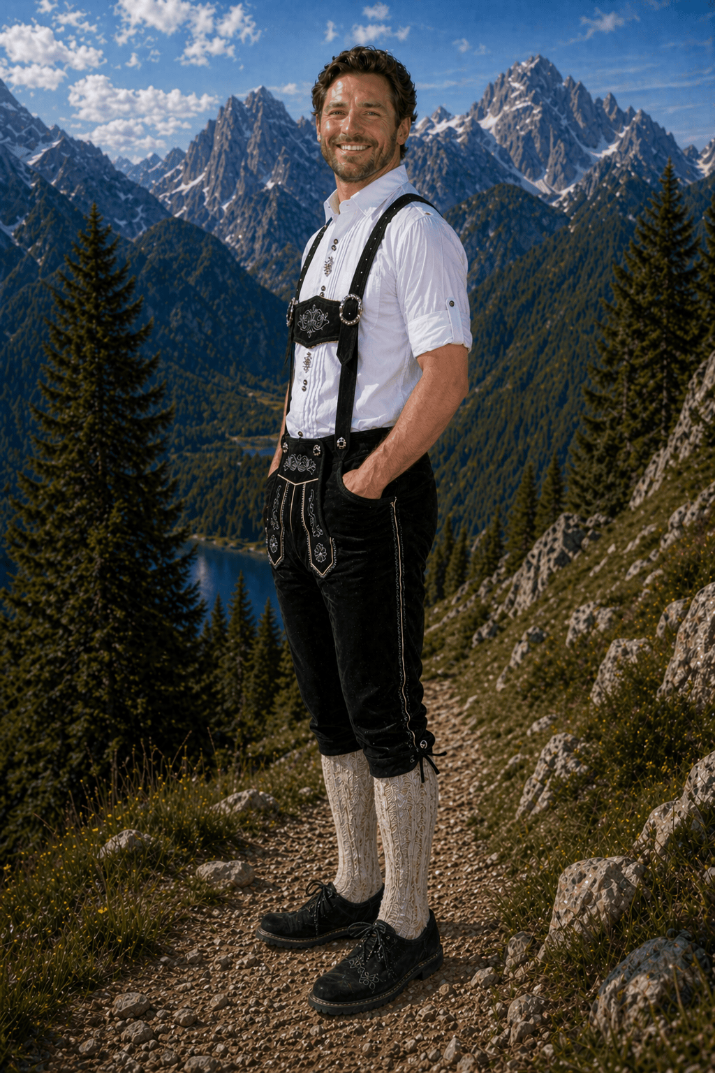 Men’s Black Leather Bundhosen (Lederhosen Pants) with Embroidered Suspenders – Premium Trachten for Weddings (30–54)