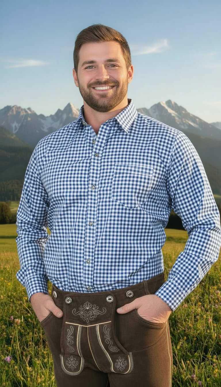 Mens Blue and White Plaid Shirt For Lederhosen – Edelweiss Creek