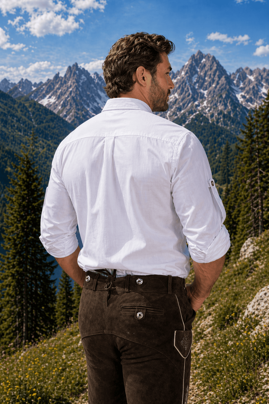 Men’s Dark Brown Leather Lederhosen Shorts with Embroidered Suspenders – Oktoberfest Trachten (30–54)
