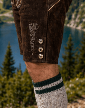 Men’s Dark Brown Leather Lederhosen Shorts with Embroidered Suspenders – Oktoberfest Trachten (30–54)