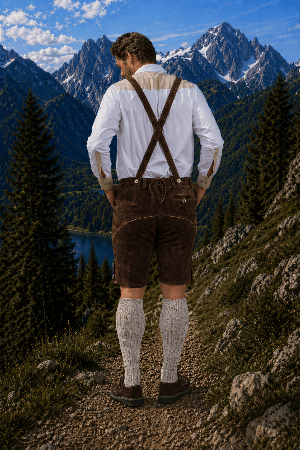 Men’s Dark Brown Leather Lederhosen Shorts with Embroidered Suspenders – Oktoberfest Trachten (30–54)