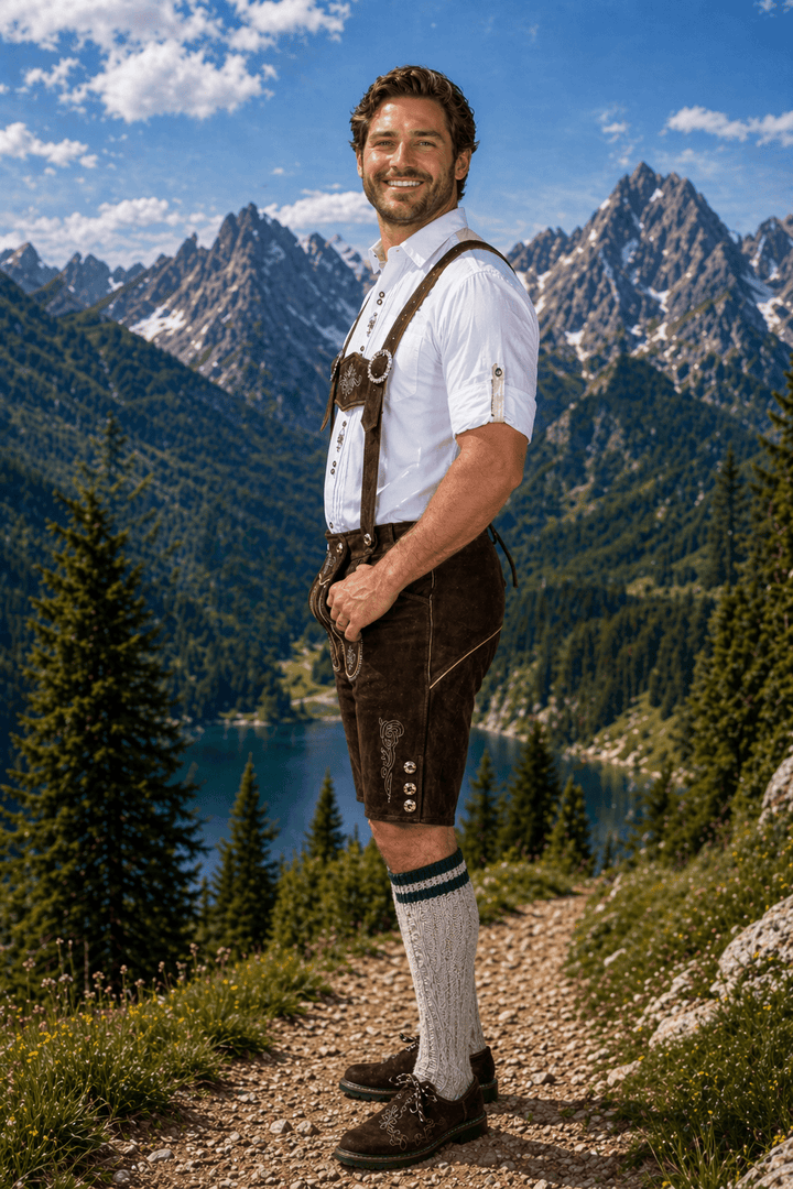 Men’s Dark Brown Leather Lederhosen Shorts with Embroidered Suspenders – Oktoberfest Trachten (30–54)