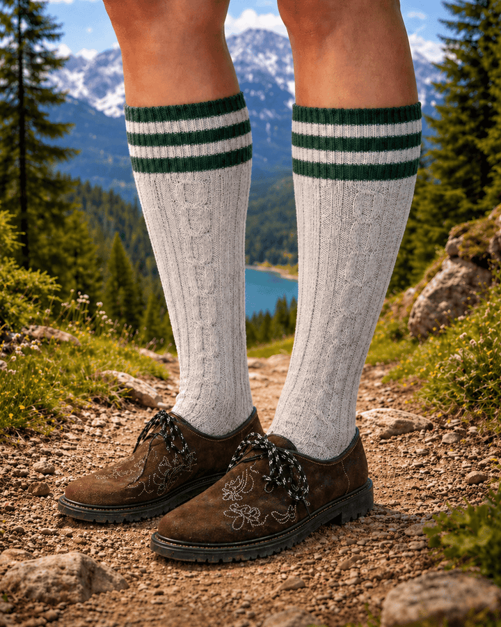 Mens Knee-High Lederhosen Socks (1-Piece) Cotton Trachten Socks (Green Trim)