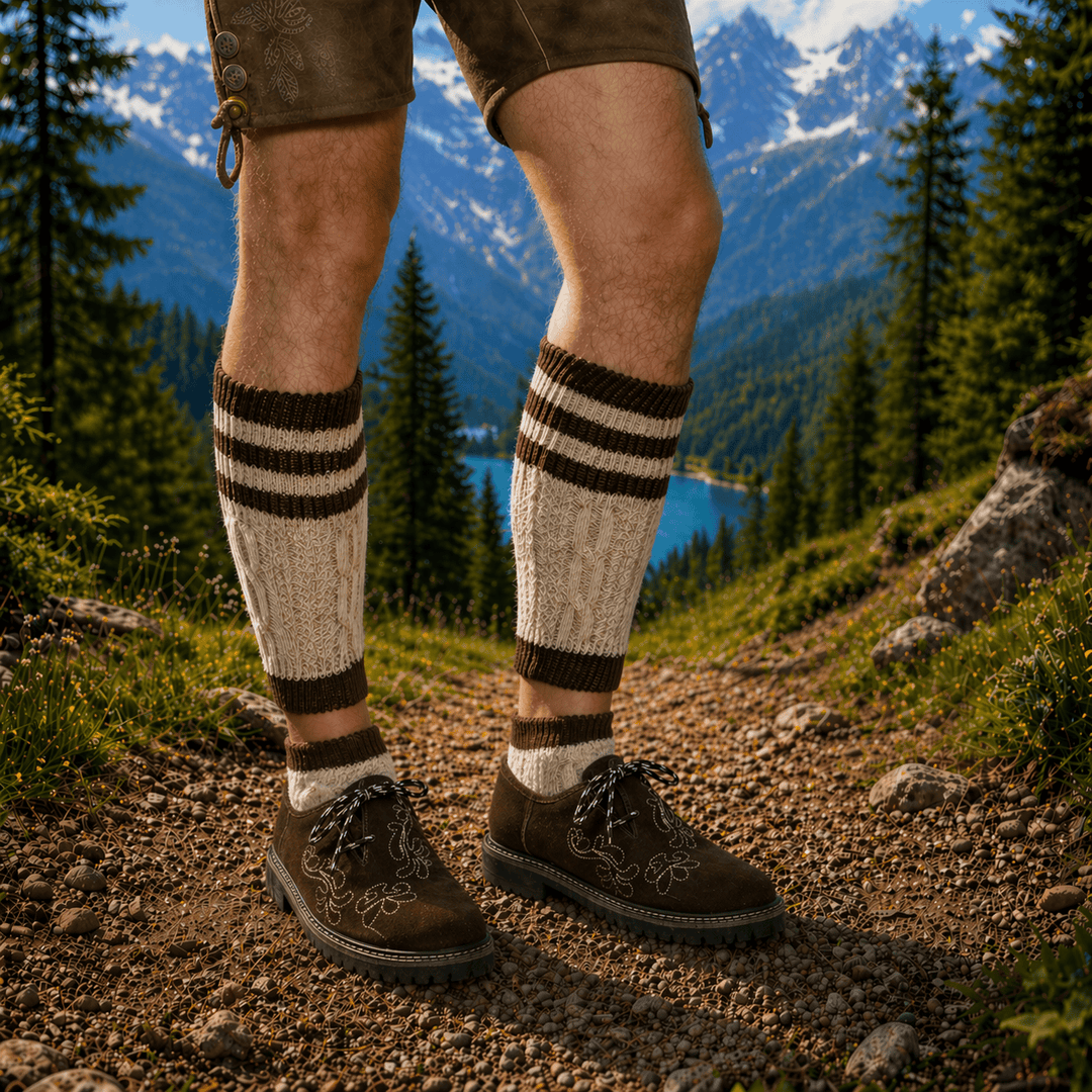 Mens Traditional 2-Piece Lederhosen Socks Knee-High Cotton Trachten Socks (Brown Trim)