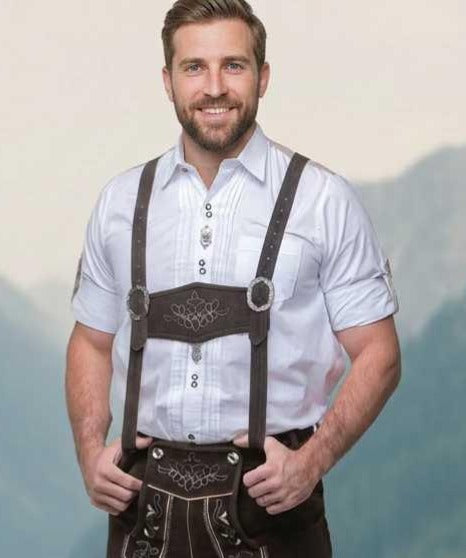 Mens Long Brown Leather Lederhosen with embroidered suspenders – Edelweiss Creek