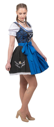 Traditional German Dirndl Dress Set - Short Black Dirndl Dress with Lace Detailing, Blue Apron and White Crop Top Blouse