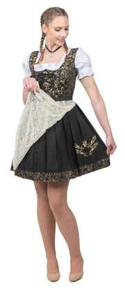 Black and Gold Oktoberfest Dirndl Dress Set with Lace Apron and White Crop Top Blouse