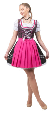 Elegant Dirndl Dress Set - Complete with Short Black Dirndl Dress, Pink Apron and White Crop Top Blouse