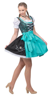 Elegant German Dirndl Set - Short Black Dirndl Dress Set with Aqua Green Apron and White Crop Top