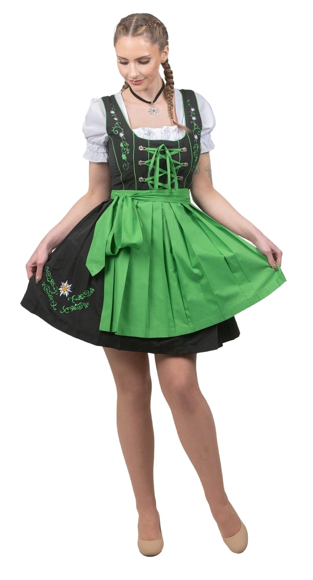 Vibrant Oktoberfest Dirndl Dress Set - Short Black Dirndl Dress, Green Apron, White Crop Top Blouse Vibrant Oktoberfest Dirndl Dress Set - Short Black Dirndl Dress, Green Apron, White Crop Top Blouse