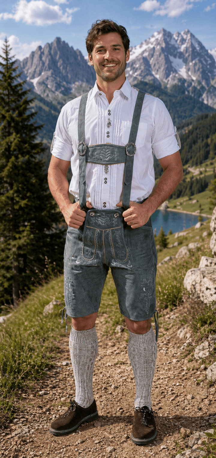 Mens Charcoal gray Leather Lederhosen with embroidered suspenders – Edelweiss Creek