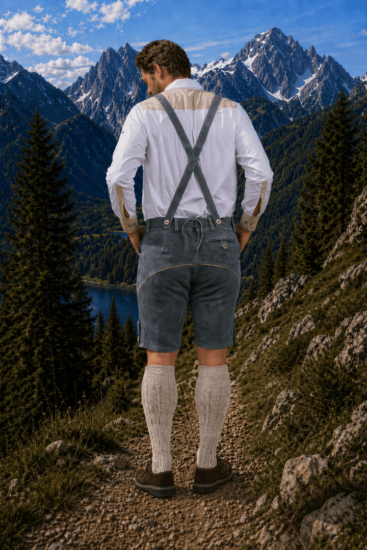 Mens Charcoal Gray Leather Lederhosen Shorts with Embroidered Suspenders Oktoberfest Trachten