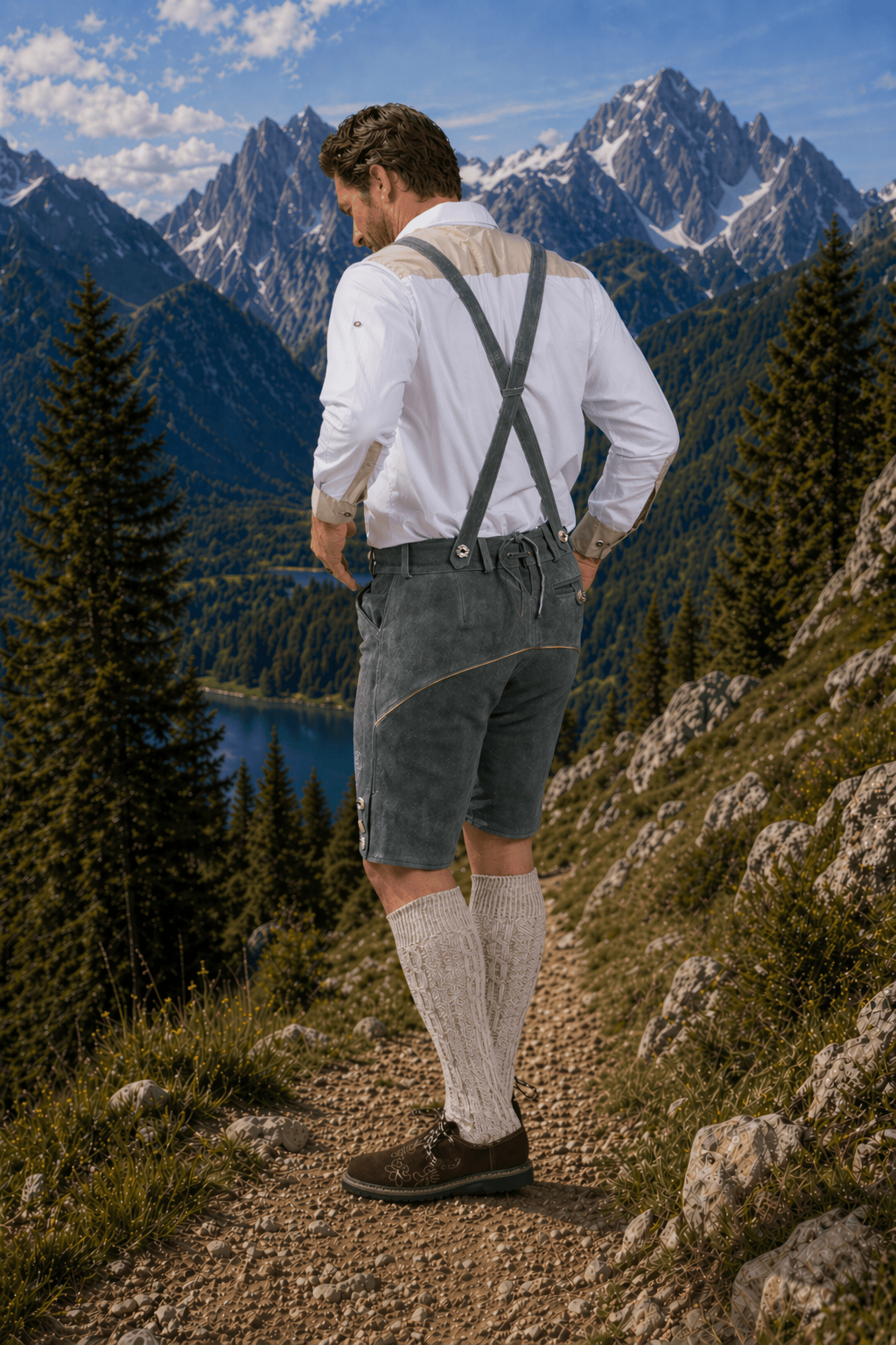Mens Charcoal Gray Leather Lederhosen Shorts with Embroidered Suspenders Oktoberfest Trachten