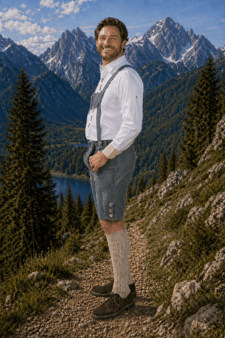 Mens Charcoal Gray Leather Lederhosen Shorts with Embroidered Suspenders Oktoberfest Trachten