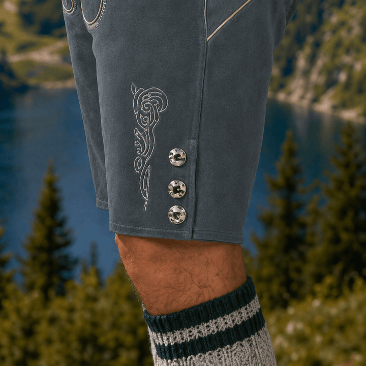 Mens Charcoal Gray Leather Lederhosen Shorts with Embroidered Suspenders Oktoberfest Trachten