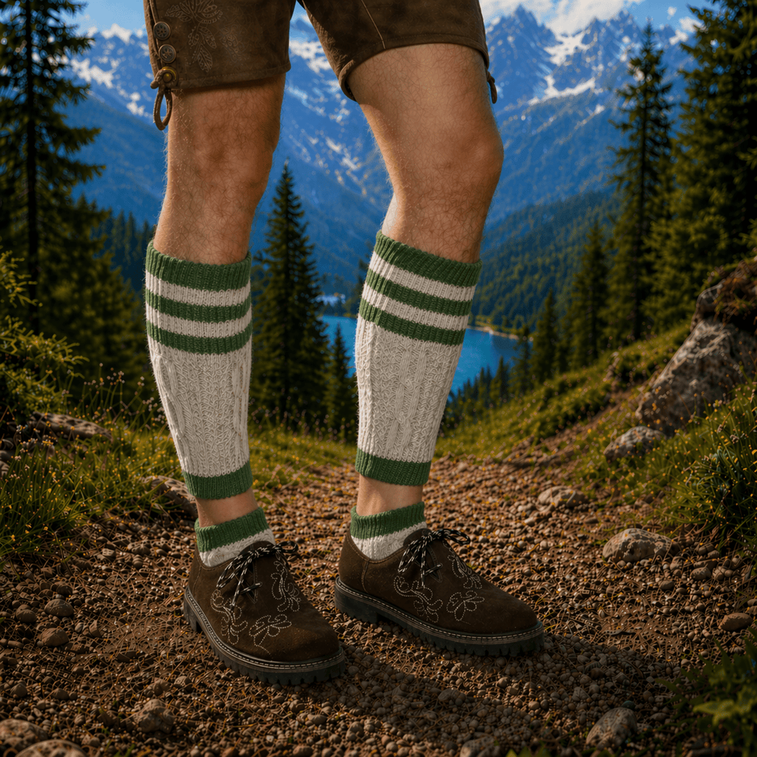 Mens Traditional 2-Piece Lederhosen Socks Knee-High Cotton Trachten Socks (Forest Green Trim)