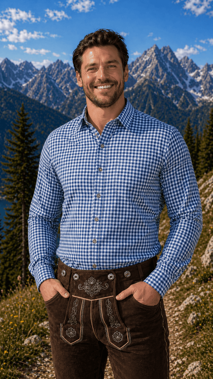 Mens Blue Plaid Trachten Shirt Button-Down Lederhosen Shirt
