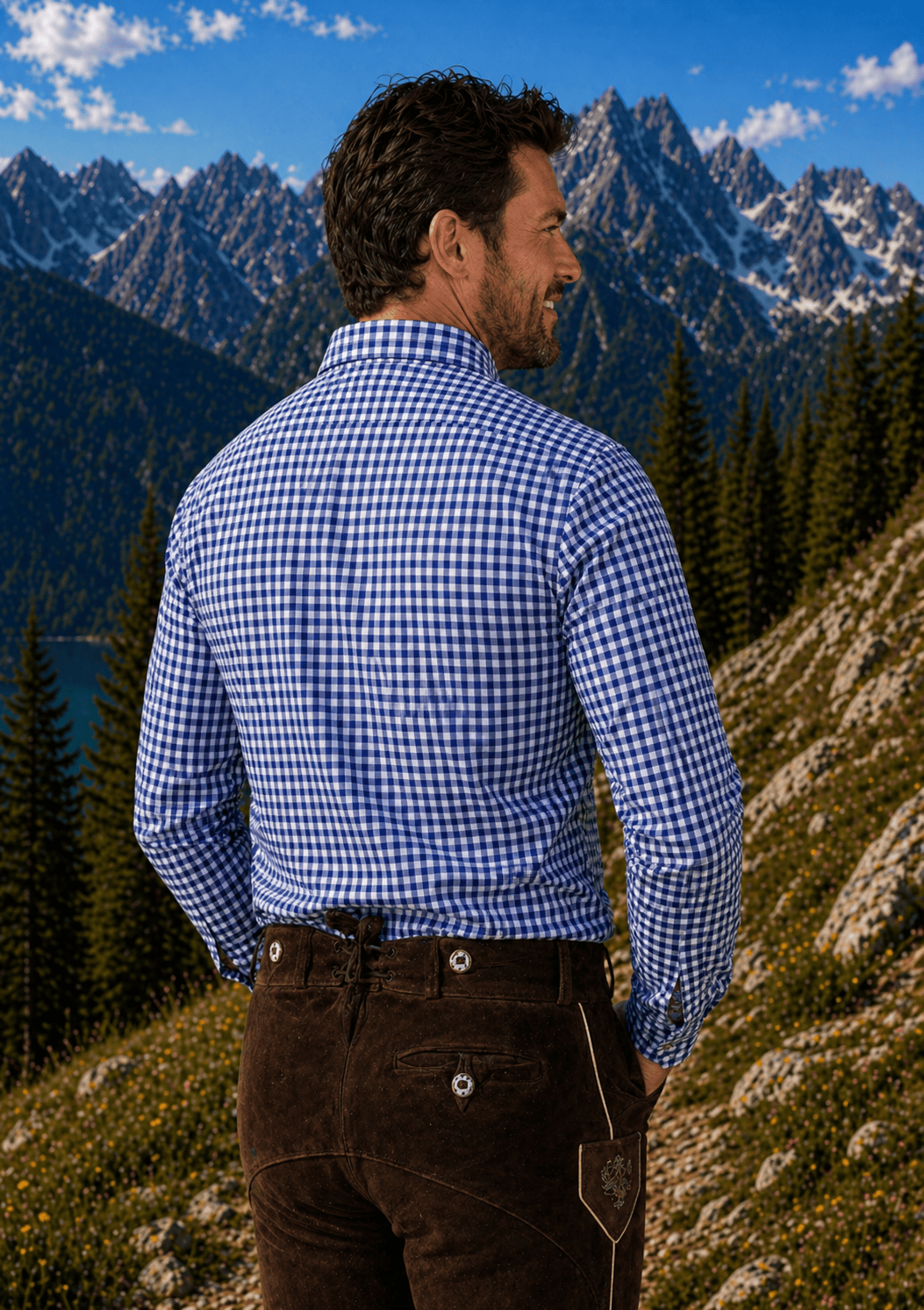 Mens Blue Plaid Trachten Shirt Button-Down Lederhosen Shirt