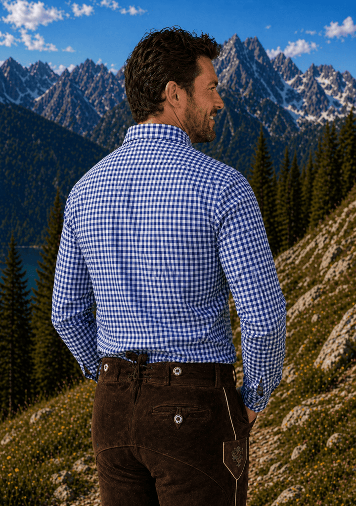 Mens Blue Plaid Trachten Shirt Button-Down Lederhosen Shirt