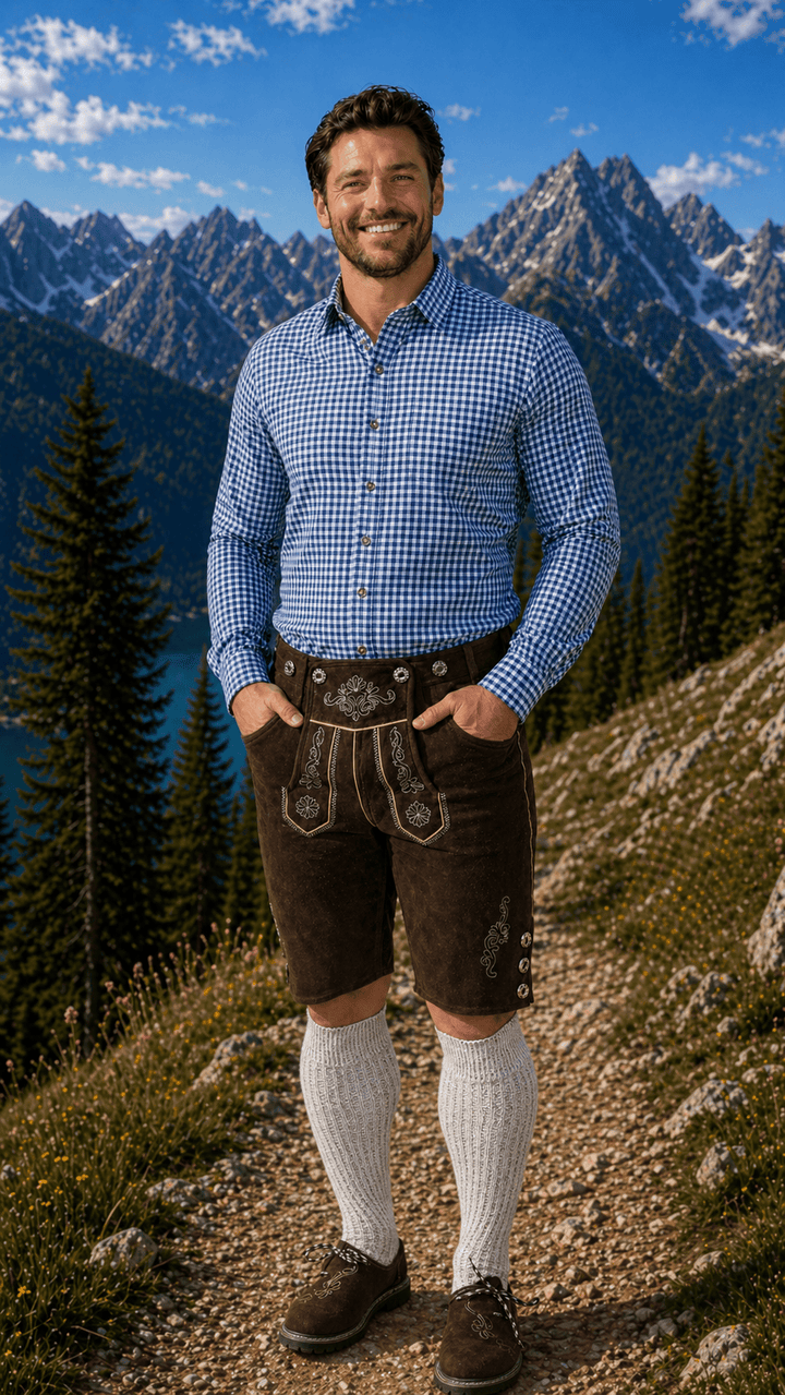 Mens Blue Plaid Trachten Shirt Button-Down Lederhosen Shirt