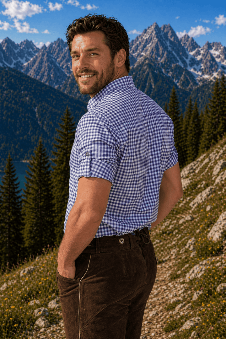 Mens Blue Plaid Trachten Shirt Button-Down Lederhosen Shirt