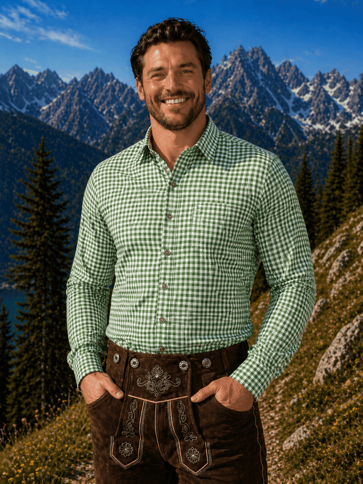 Mens Alpine Green Plaid Trachten Shirt Button-Down Lederhosen Shirt