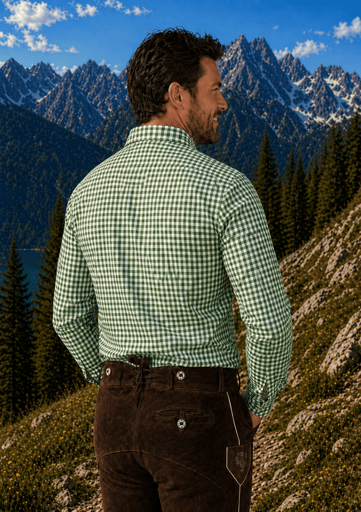 Mens Alpine Green Plaid Trachten Shirt Button-Down Lederhosen Shirt