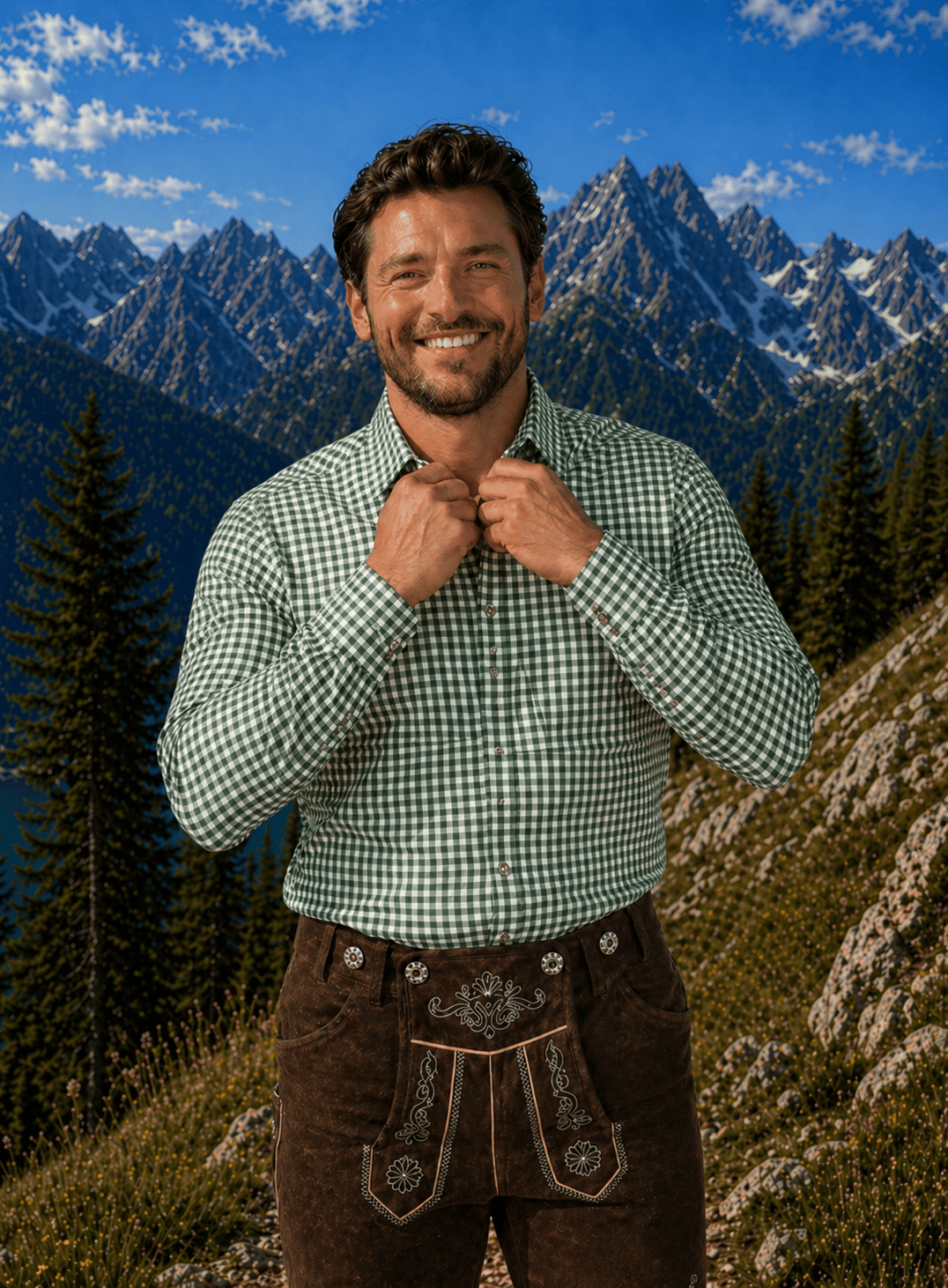 Mens Alpine Green Plaid Trachten Shirt Button-Down Lederhosen Shirt
