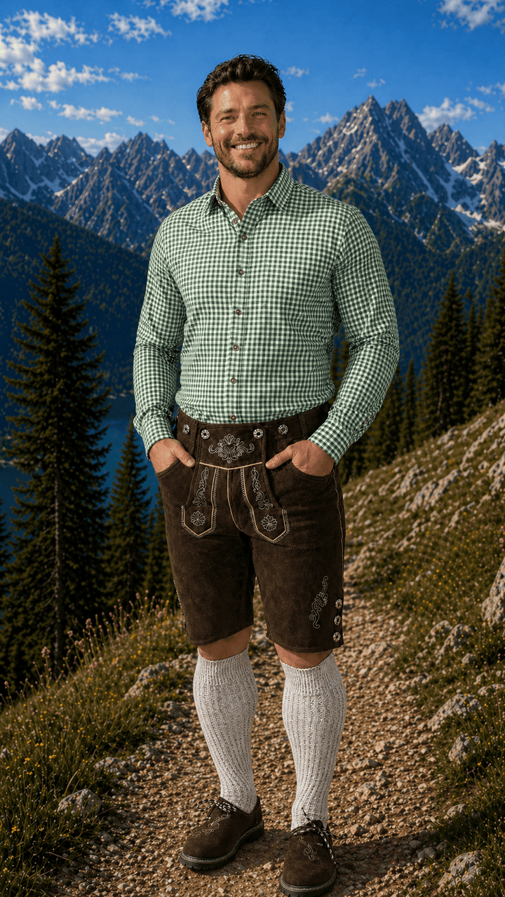 Mens Alpine Green Plaid Trachten Shirt Button-Down Lederhosen Shirt