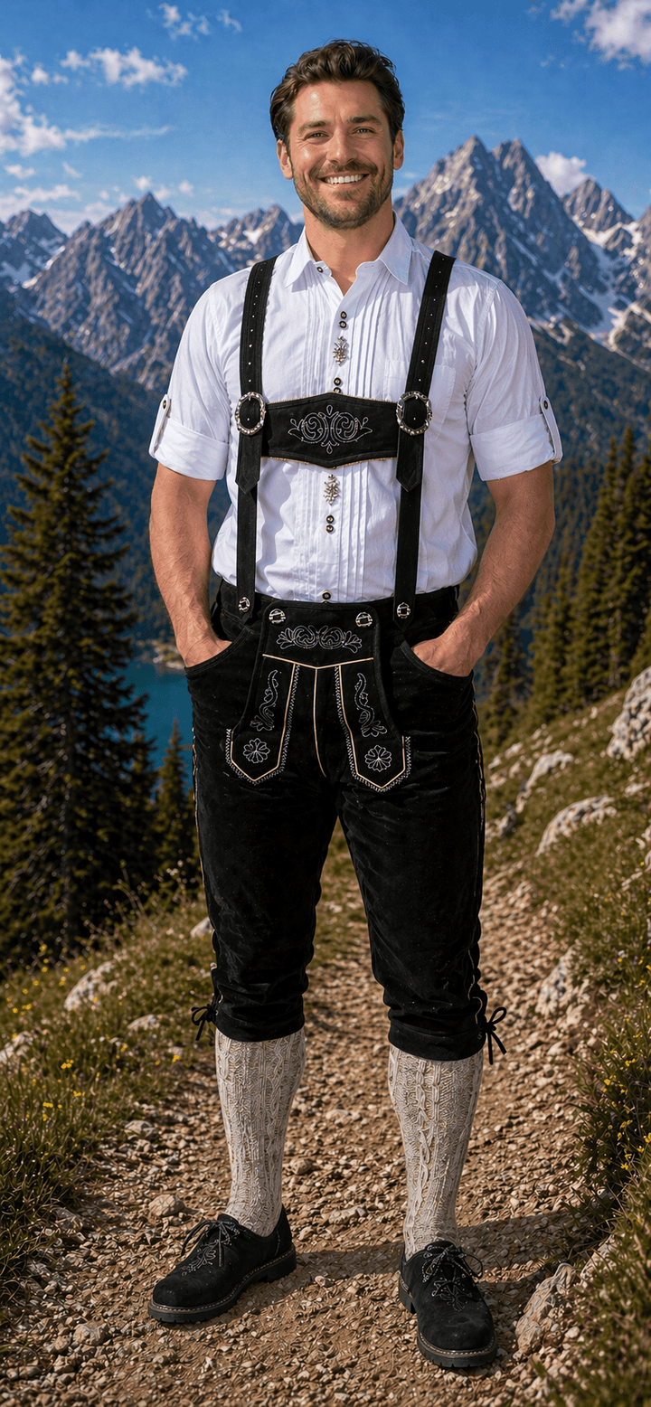 Men’s Black Leather Bundhosen (Lederhosen Pants) with Embroidered Suspenders – Premium Trachten for Weddings (30–54)
